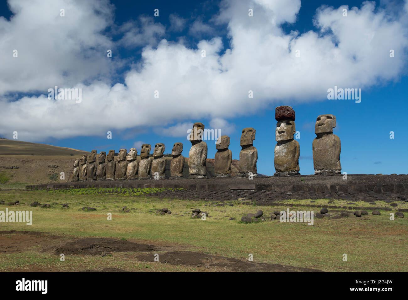 Chile, Easter Island, Hanga Nui. Rapa Nui National Park, Ahu Tongariki (aka Tonariki). Fifteen large moi statues on the largest ceremonial platform in all of Polynesia. Stock Photo