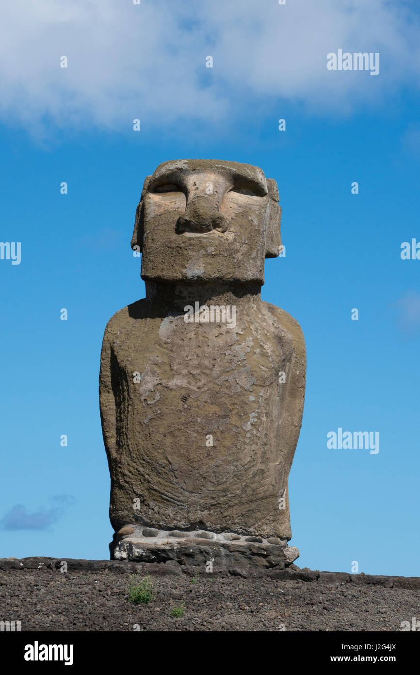 Chile, Easter Island, Hanga Nui. Rapa Nui National Park, Ahu Tongariki (aka Tonariki). Detail of large moi statue on the largest ceremonial platform in all of Polynesia. Stock Photo