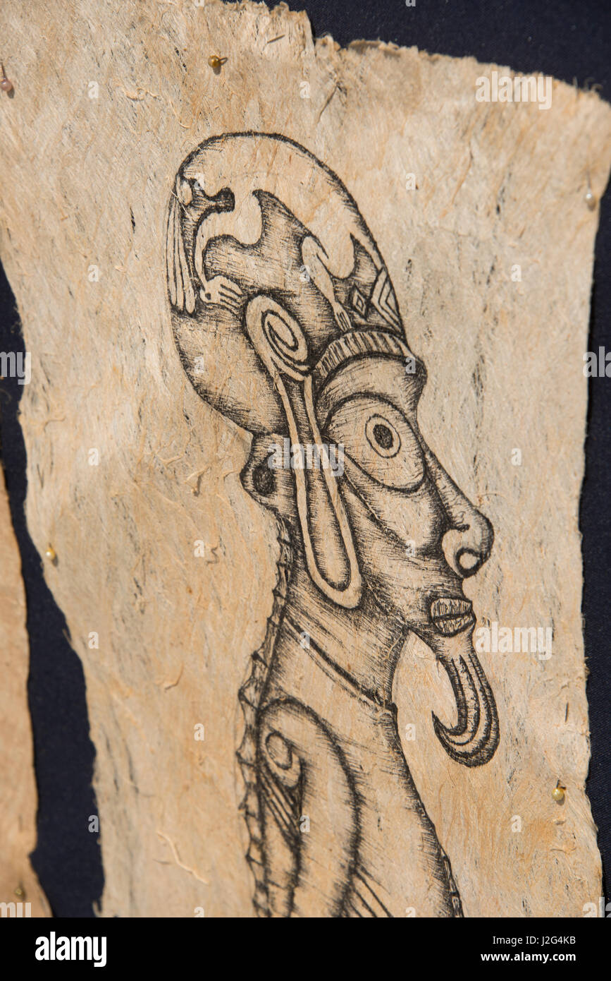 Chile, Easter Island. Rapa Nui National Park, Anakena. Hand painted tapa cloth (made from tree bark) with traditional Polynesian and Rapa Nui cultural stylized designs, Birdman. (Large format sizes available) Stock Photo
