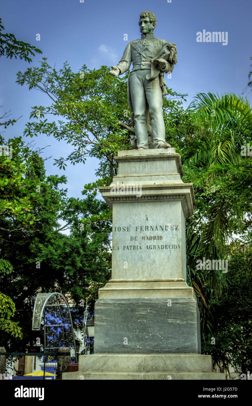 Imposing statue of Jose Fernandez de Madrid in the Plaza Fernandez de Madrid, Old City, Ciudad Vieja, Cartagena, Colombia. Stock Photo
