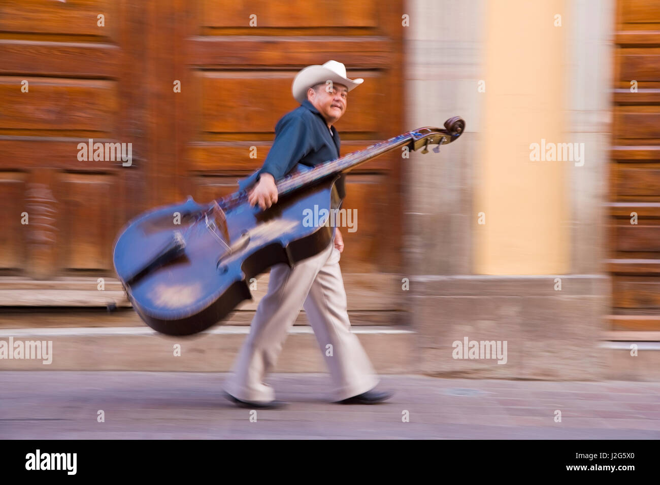 Double Bass player in street, Guanajuato, Mexico Stock Photo