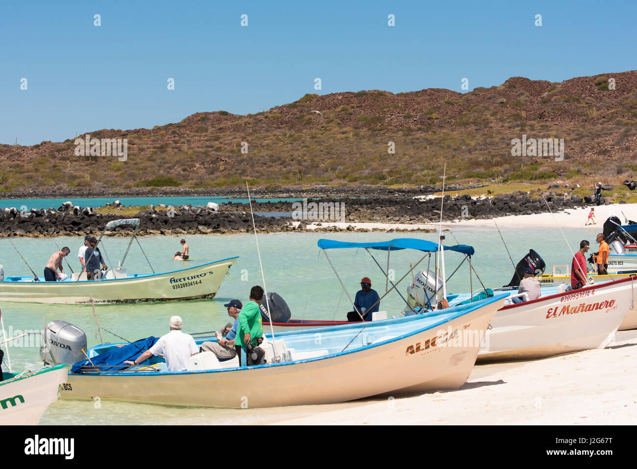 Mexico, Baja California Sur. Excursion boats approach Isla Coronado white sand beach. Popular lunch spot Stock Photo