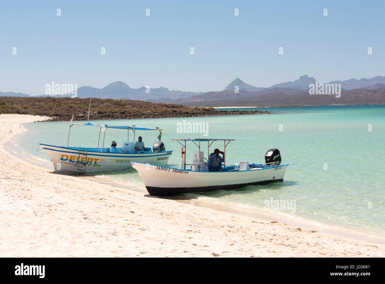 Mexico, Baja California Sur, Sea of Cortez, Pangas on white sand beach Isla Coronado Stock Photo