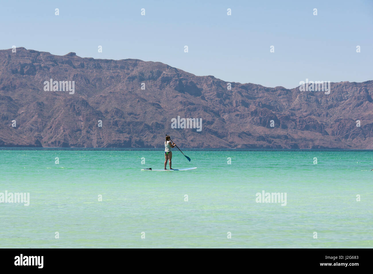 Mexico, Baja California Sur, Sea of Cortez. Paddleboarder in calm waters off Isla Coronado Stock Photo