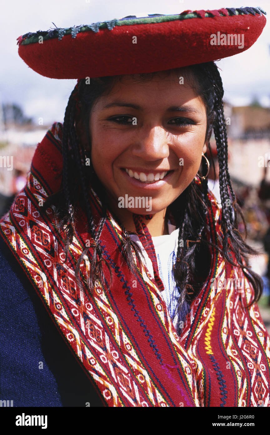 Portrait of a young woman in Traditional dress, Chinchero, Scared Valley, Peru Stock Photo