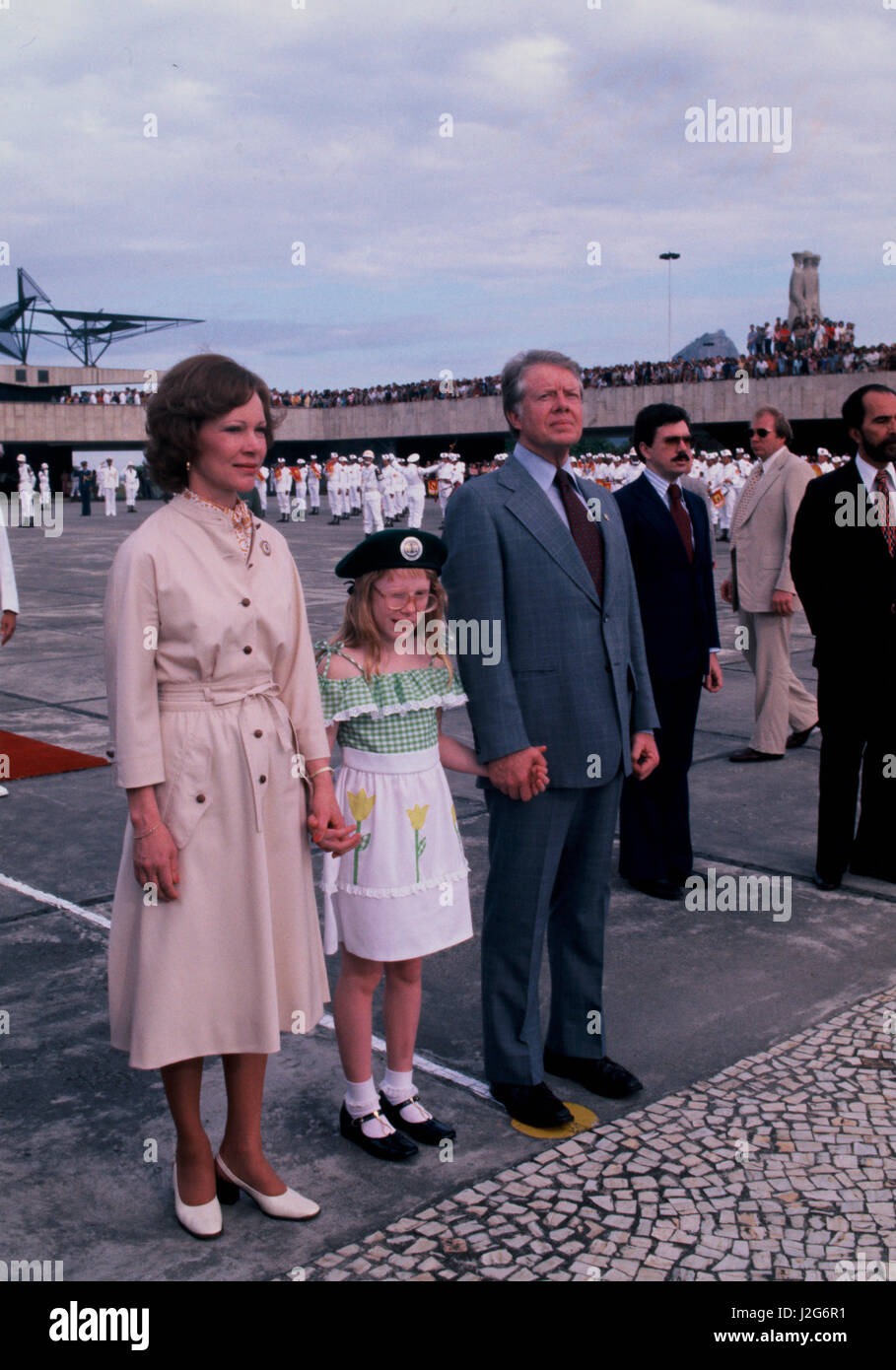 President Jim Carter arrives at the Caracas, Venezuela airport on March 28, 1978. First Lady Rosalynn Carter and daughter Amy are with President Carter Stock Photo