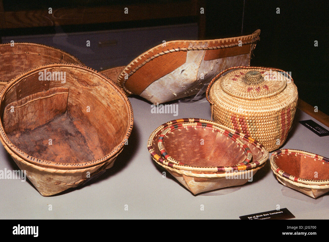 Collection of traditional Athabaskan baskets made from birch bark and