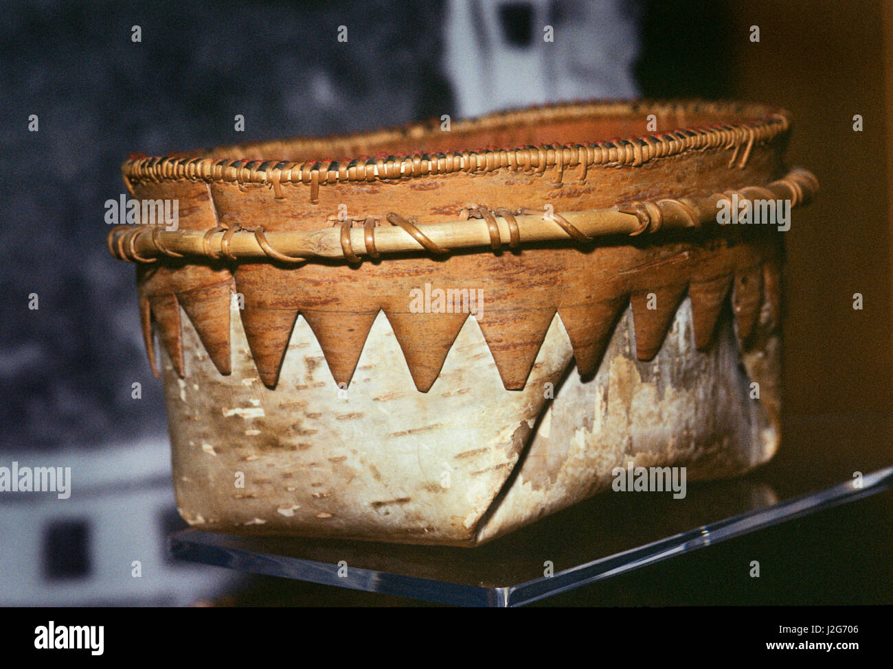 Athabaskan birch bark basket made using an overlay of the inside of the