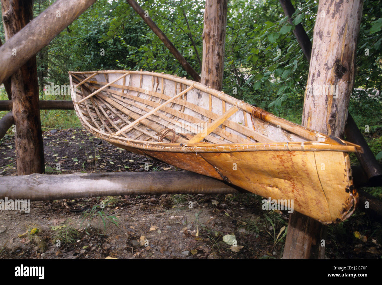 Traditional Athabaskan canoe constructed of a wooden frame covered with
