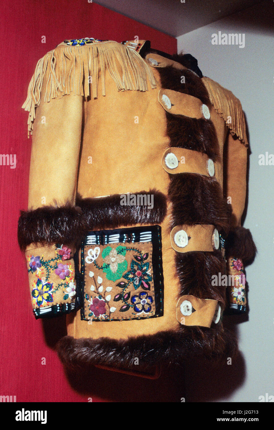 Floral beadwork and beaver fur decorate an Athabaskan moose hide coat adorned with antler buttons. Alaska Stock Photo