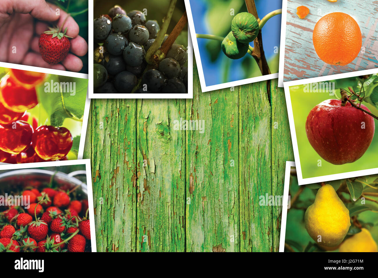 Organic fruit production, photo collage with copy space - various fruit produce photography on wooden surface, top view Stock Photo