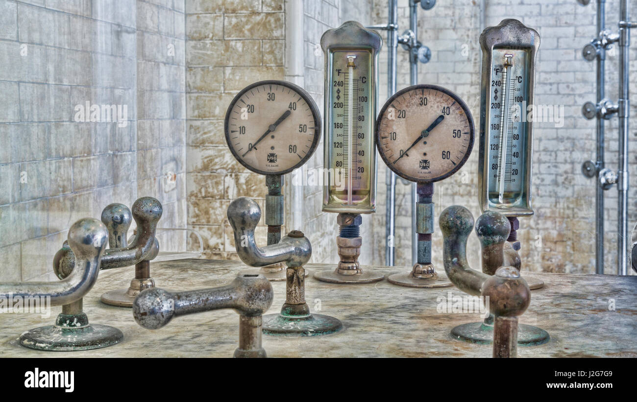 USA, Arkansas, Hot Springs. Plumbing gauges at Fordyce Bath House. Credit as Don Paulson