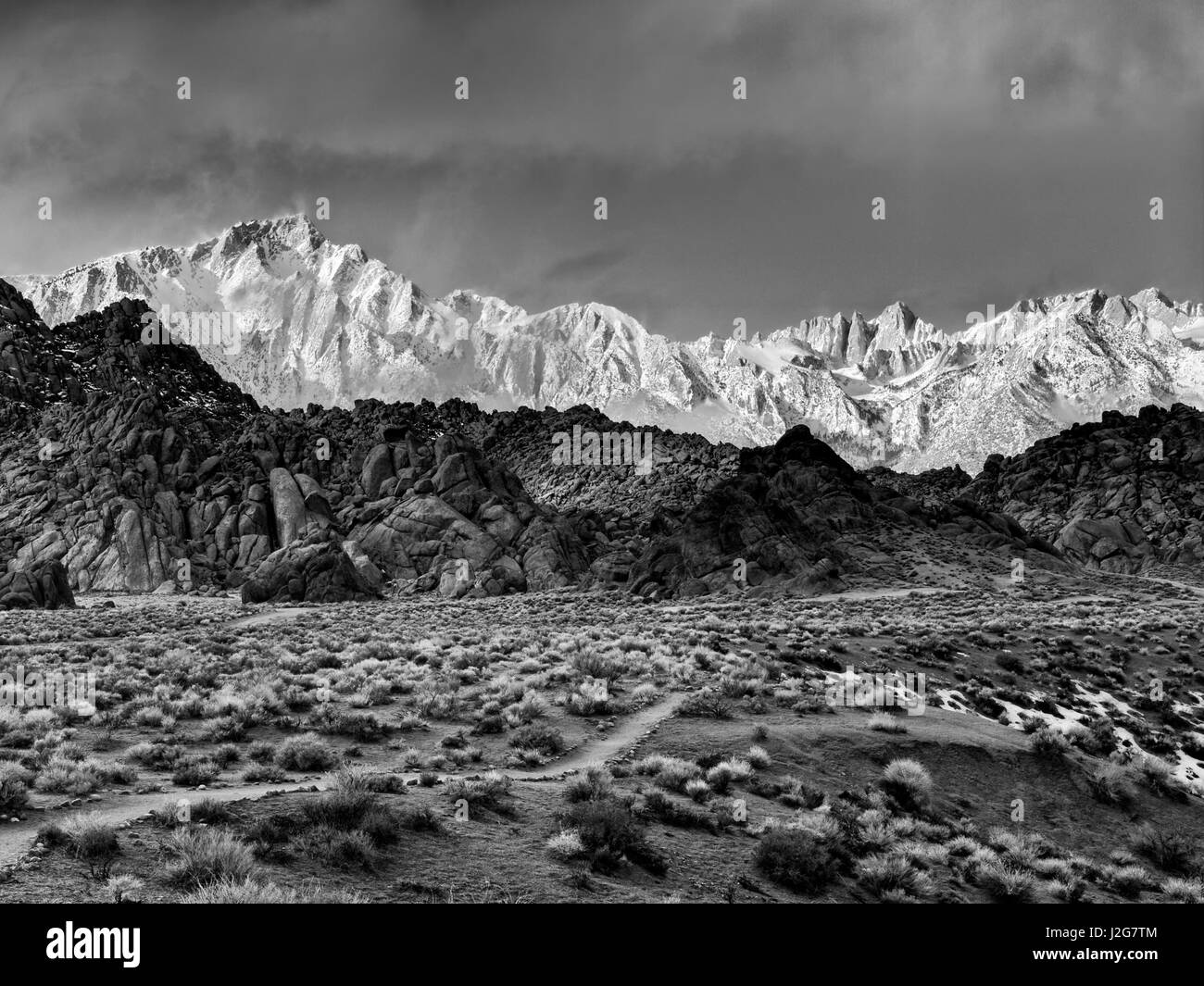 USA, California, Eastern Sierra, Lone Pine, Lone Pine Peak (left) and Mount Whitney (right) from the Alabama Hills in winter Stock Photo