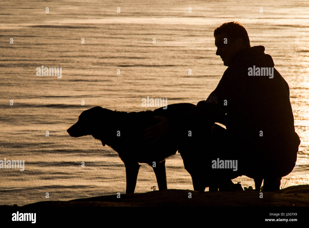 USA, California, Santa Barbara, Arroyo Burro Beach County Park, aka Douglass Preserve, sunset silhouettes of man with dog Stock Photo