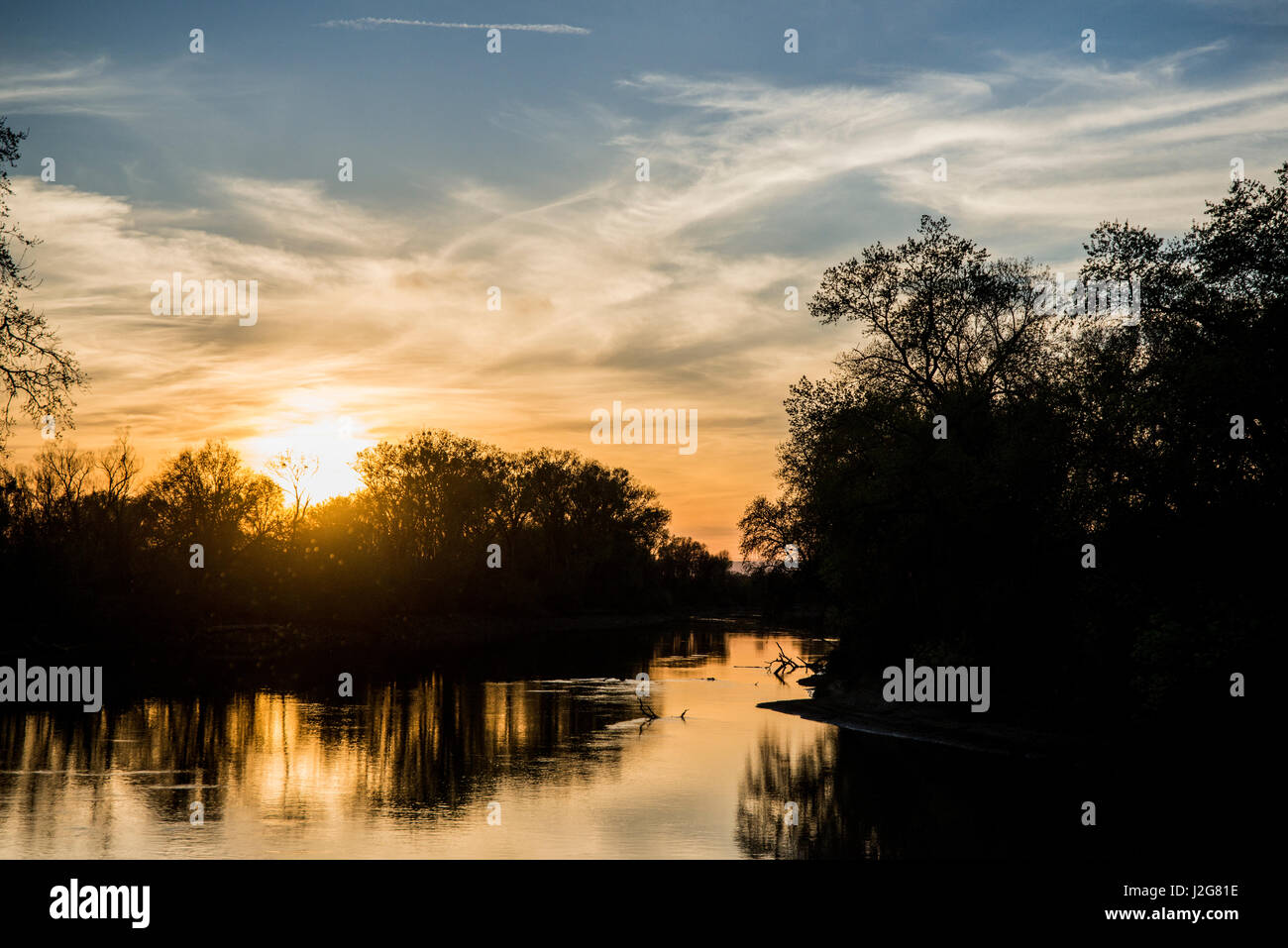 USA, California, Knights Landing, Fremont Weir Wildlife Area on the Sacramento River, floodplain management, sunset reflections on the river (Large format sizes available) Stock Photo