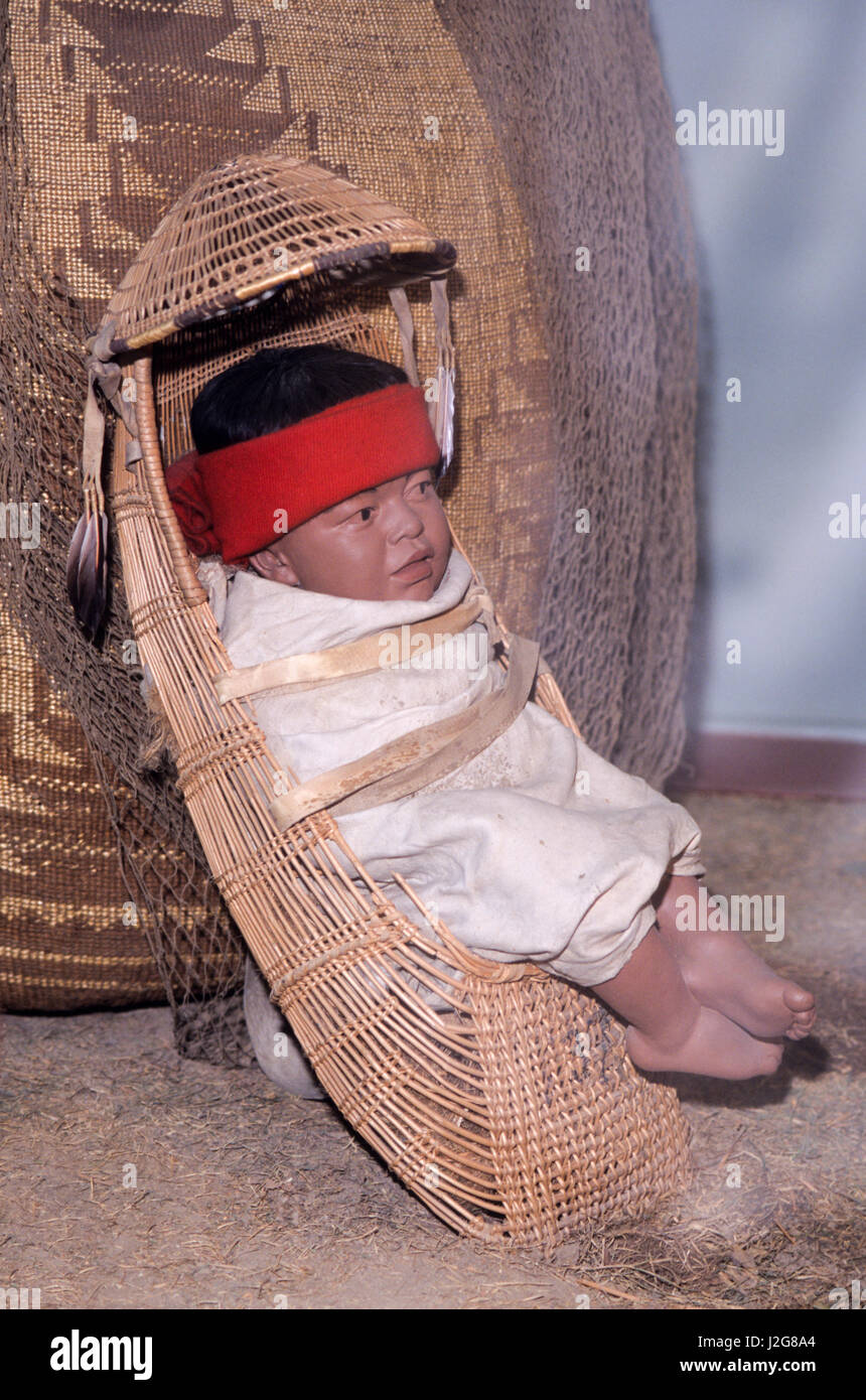 The Hupa Indians of Northern California carry their infants in woven baby baskets that act as a cradleboard. Stock Photo