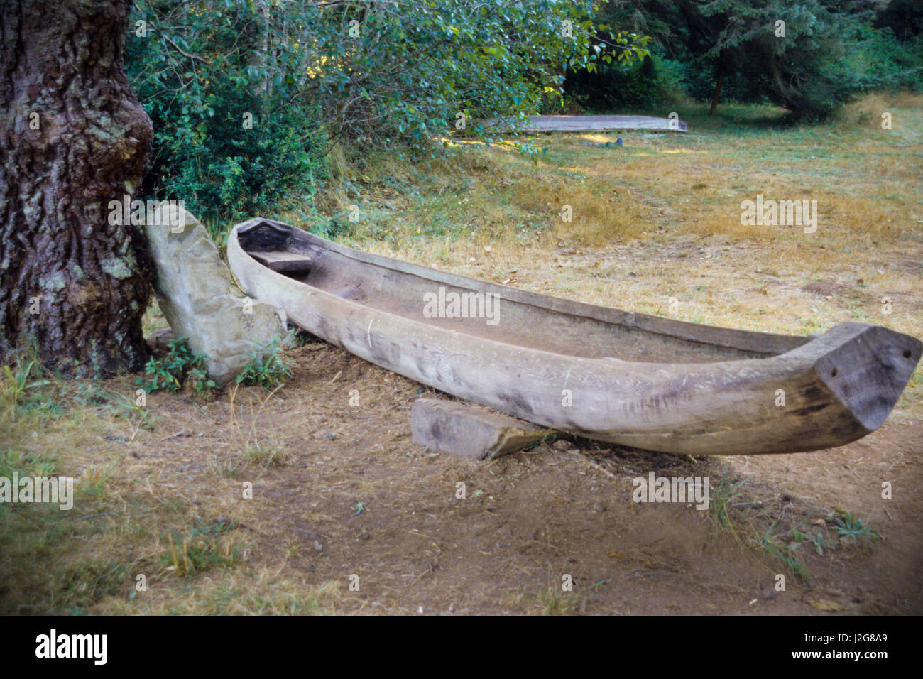 Traditional dugout canoe used by the Hupa Indians of Northern California Stock Photo