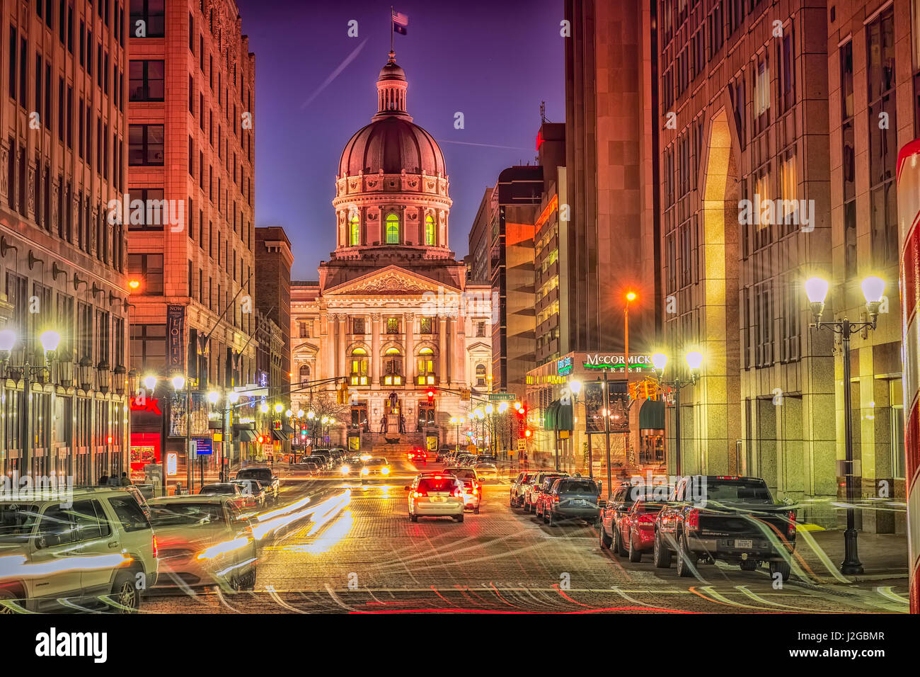 USA, Indianapolis, Indiana. View of downtown buildings and lights during Christmas holiday