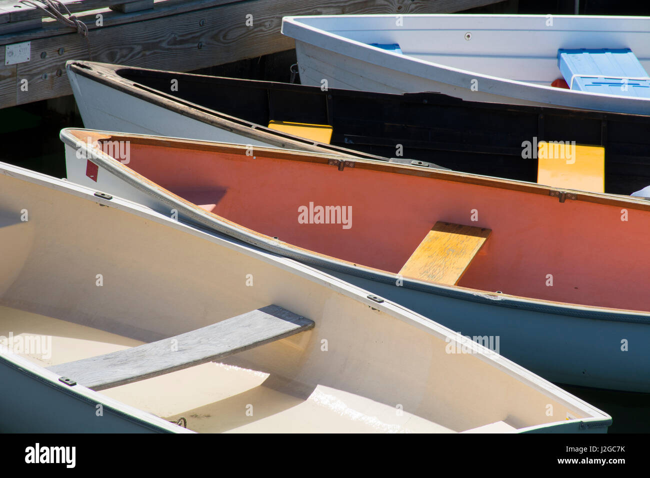 Maine, Rockland. Colorful boats in Rockland marina. Stock Photo