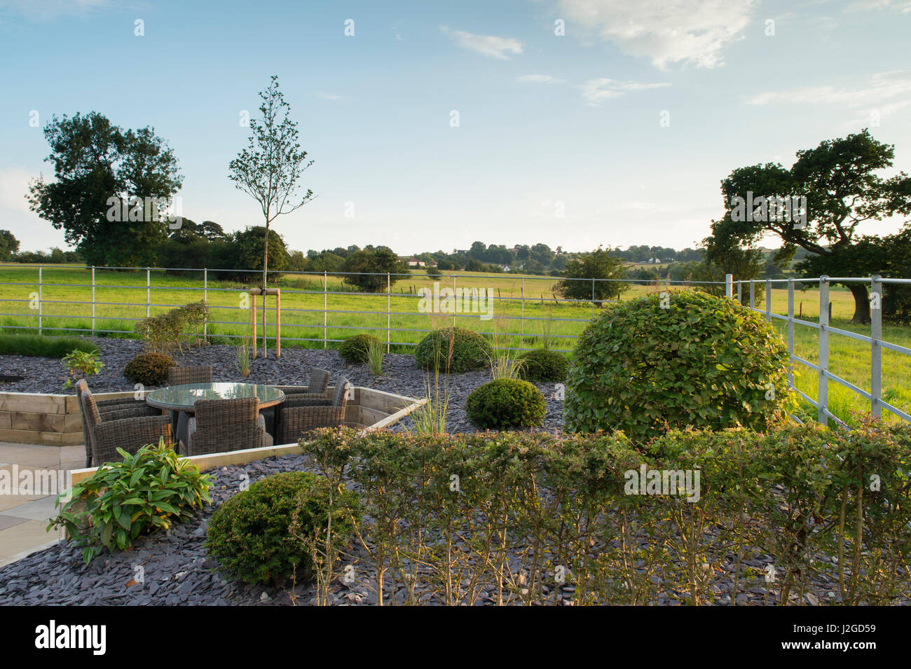 Beautiful, private, contemporary landscaped, garden, England, GB, UK - outdoor seating (patio furniture) raised borders, grasses & topiary shrubs. Stock Photo