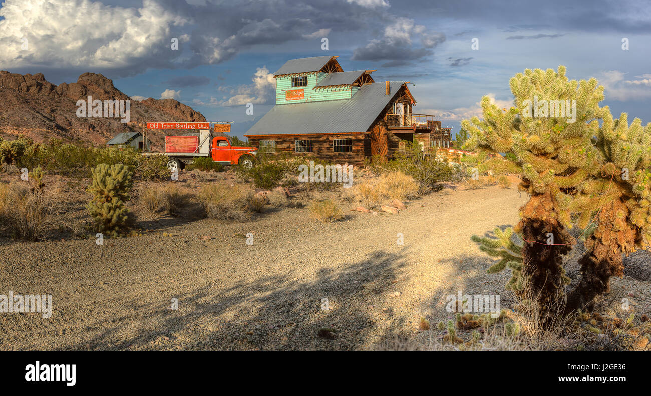 USA, Nevada, Clark County. City of Nelson. Buildings and the landscape that shows the city well with teddy bear cholla cactus. (Large format sizes available) Stock Photo