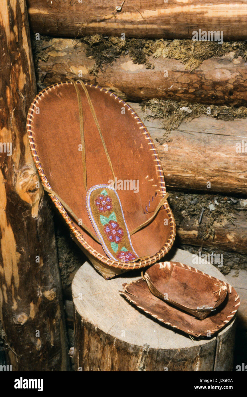 Traditional Athabaskan infant cradleboard basket made from birch bark