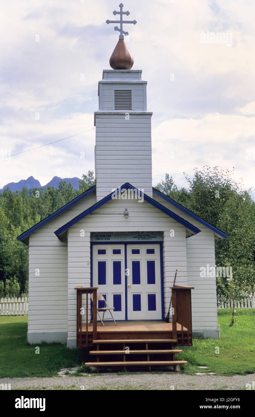 Saint Nicholas Russian Orthodox Church at Eklutna Historical Park, located within the homelands of the Athabaskan Indians. Eklutna Alaska Stock Photo