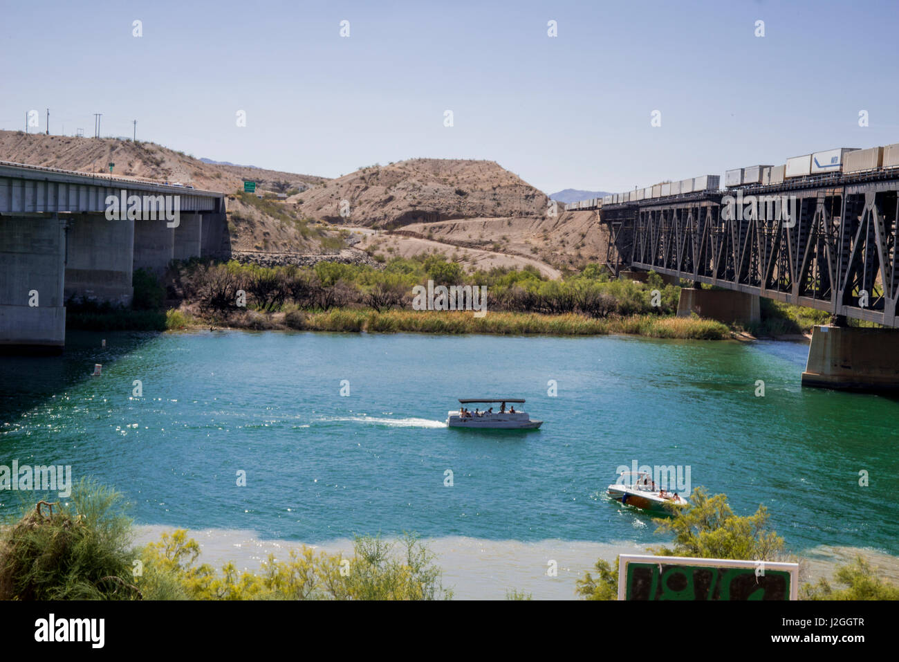 USA, Arizona, Drought Spotlight 3 Route 66 Expedition, Topock railroad ...