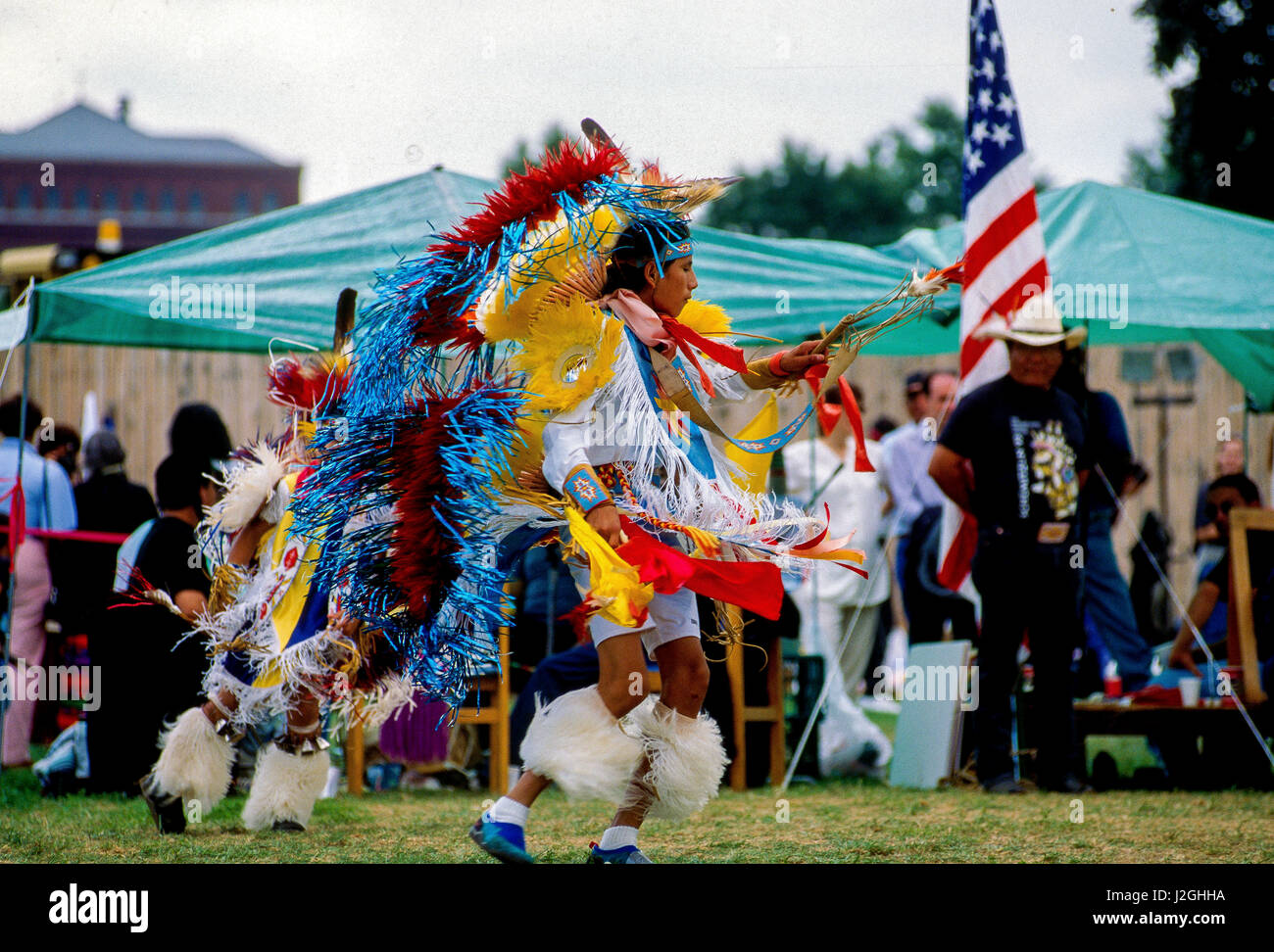 Native American tribal dancer performs during the Smithsonian's National Folk Life festival on the National Mall, Washington DC., June 25, 1995.  Photo by Mark Reinstein Stock Photo
