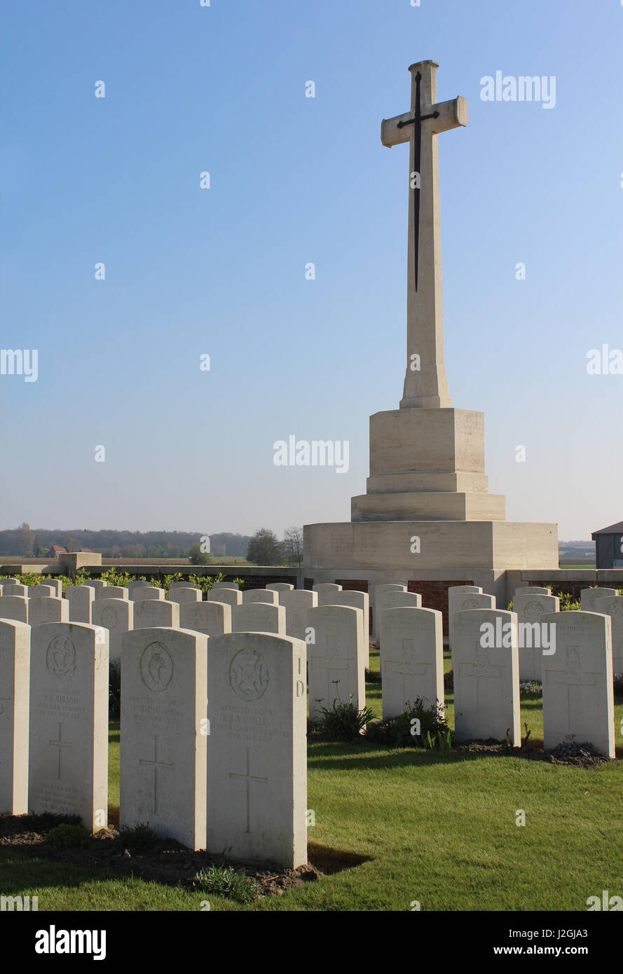 IEPER, BELGIUM, APRIL 8 2017: Evening view of Canada Farm Cemetery, a first world war cemetery near Ypres in Belgium, which is the final resting place Stock Photo