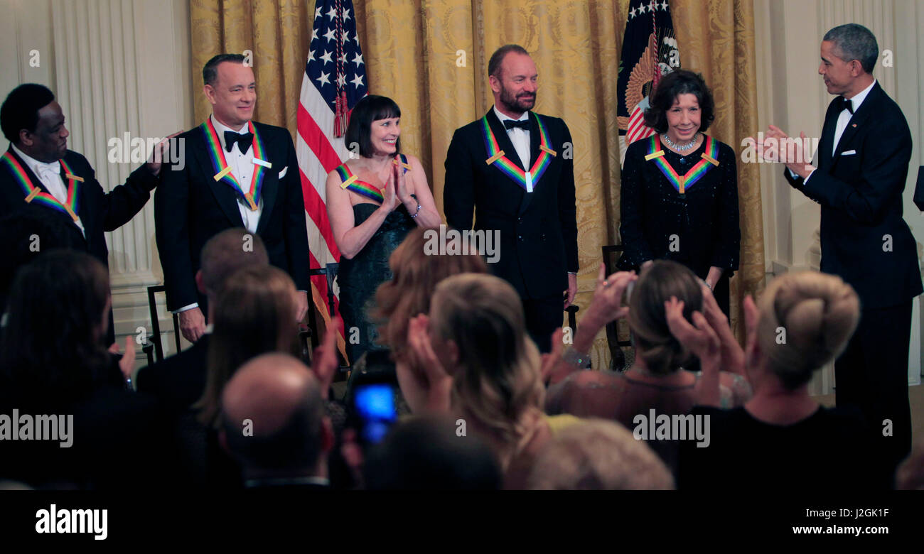 President and the First Lady host the Kennedy Center Honorees Reception in the East Room. 37th Kennedy Center Honorees: Al Green, Tom Hanks, Patricia McBride and husband, Sting, Lily Tomlin. photo by Stock Photo
