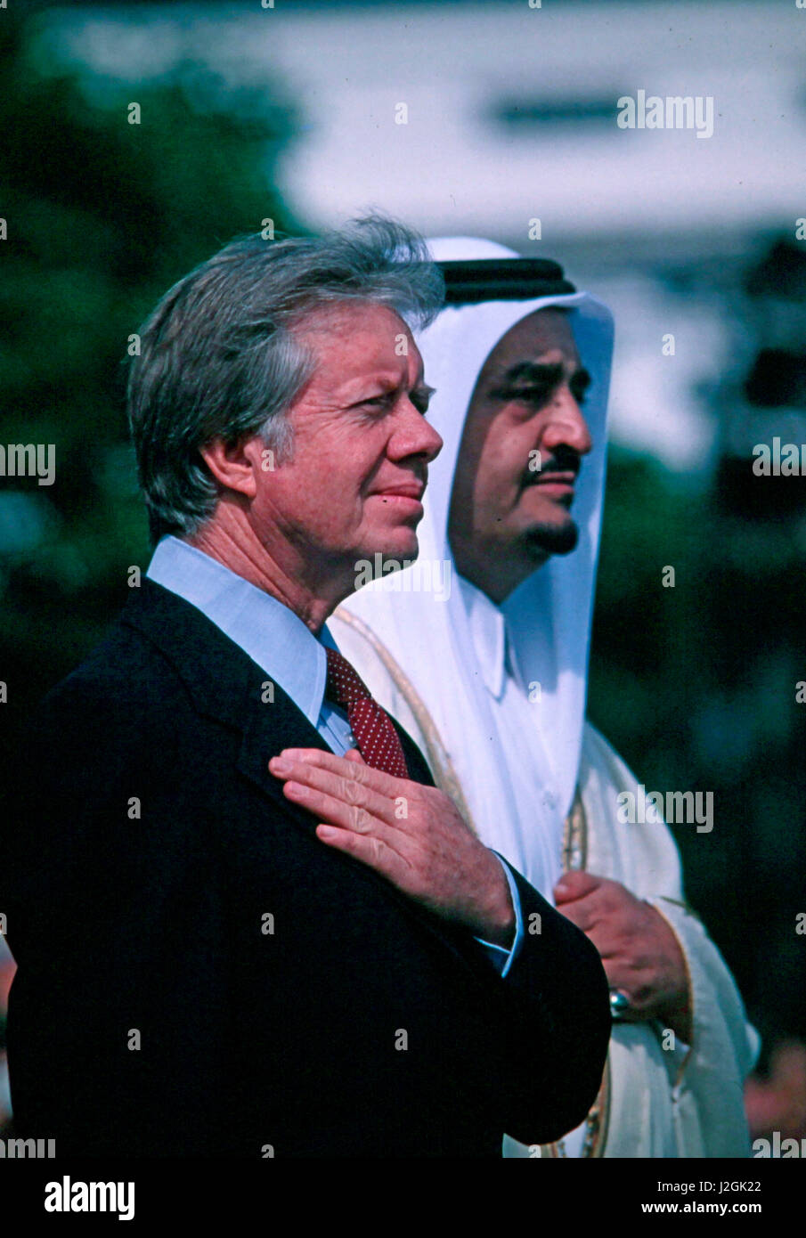 President Jimmy Carter and Carter and Fahd bin Abdulaziz Al Saud during an arrival ceremony on the South Lawn of the White House on May 24, 1977 (Large format sizes available) Stock Photo