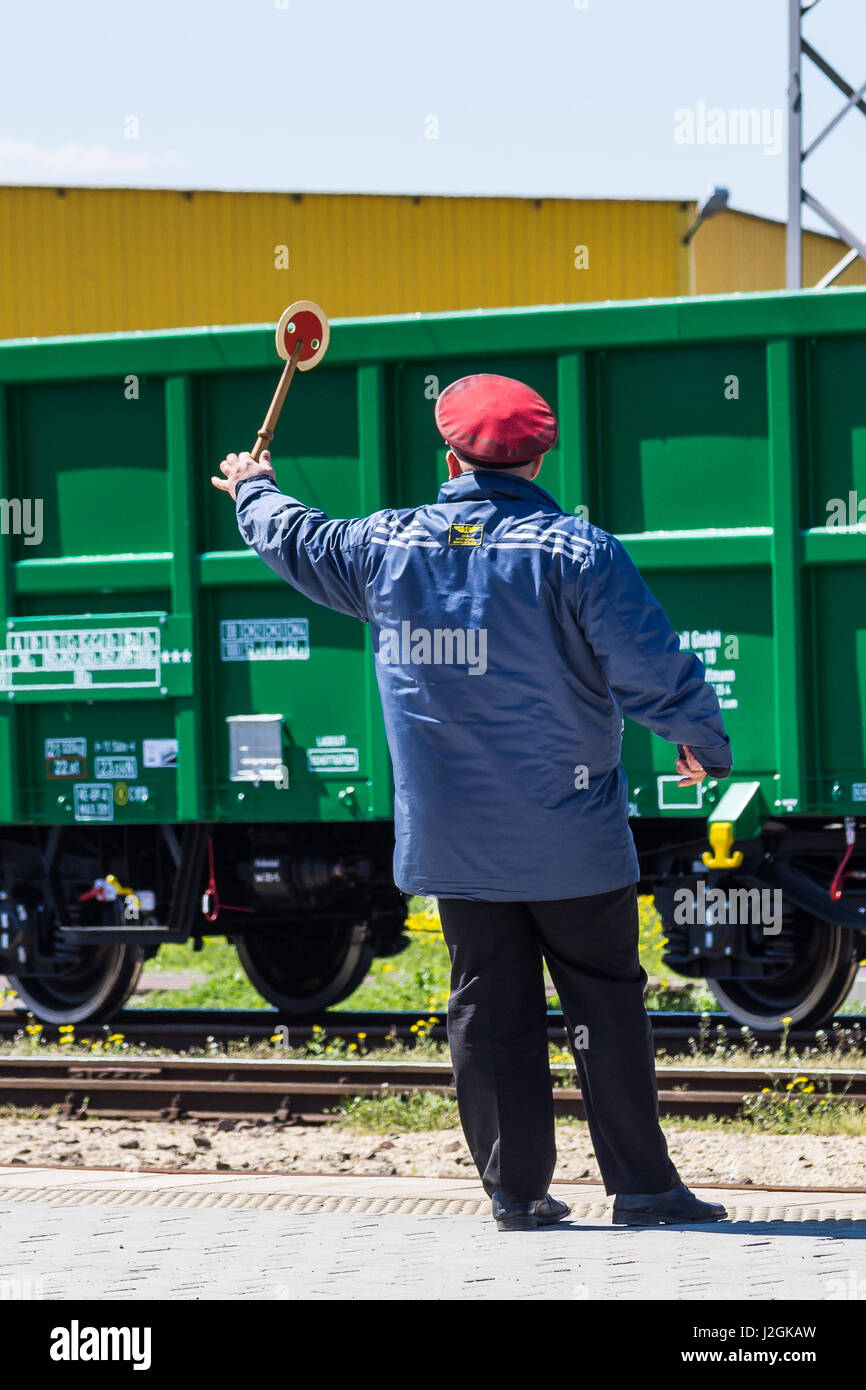 Burgas, Bulgaria - March 20, 2017 - Freight cargo train - 4axled box wagon Type:Eanos Model:155-1 - Transvagon AD Stock Photo