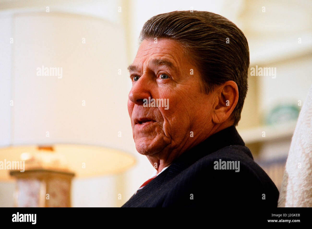 President Ronald Reagan during an interview in February 1985 in the Oval office, Washington Dc Stock Photo