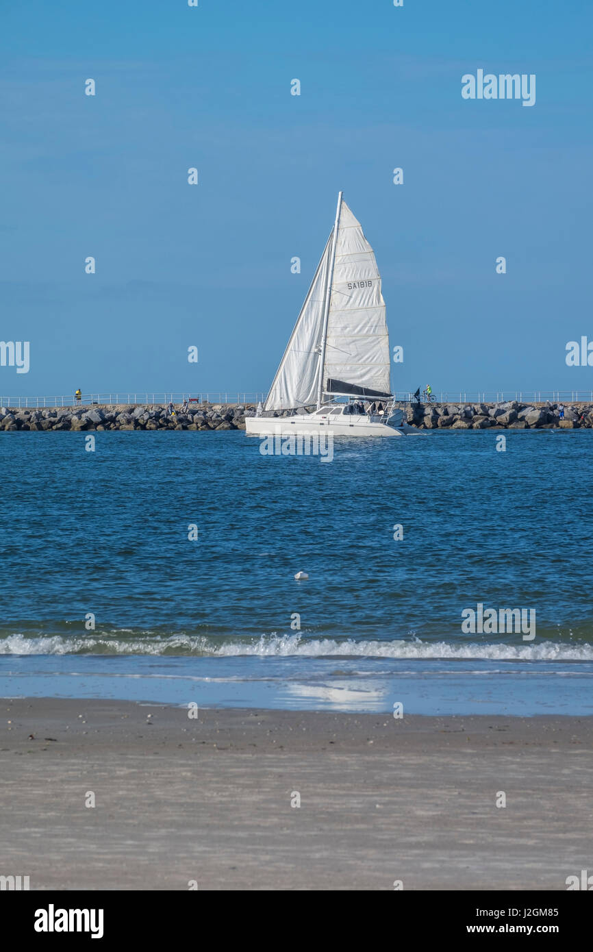 Sailboat, Atlantic Ocean, jetty, New Smyrna Beach, Florida, USA Stock