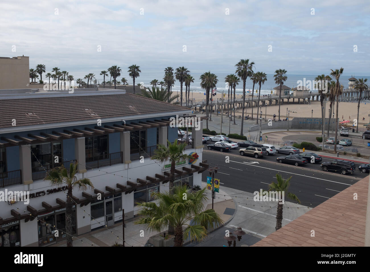 Aerial shot of Huntington Beach boardwalk, promenade Stock Photo Alamy