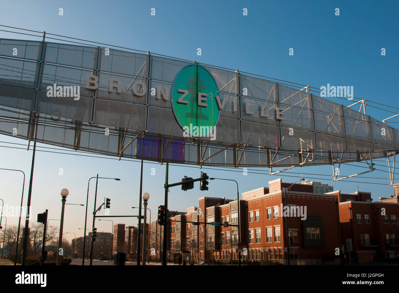 Large sign marking entrance to Bronzeville neighborhood on Chicago