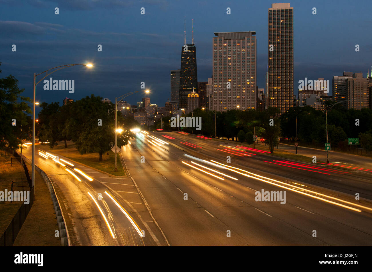 Skyline at dusk from North Avenue bridge, Lake Shore Drive Stock Photo