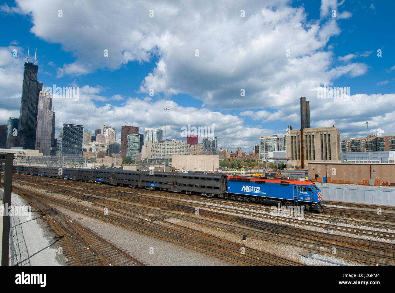 Chicago skyline and Metra commuter, train looking north Stock Photo