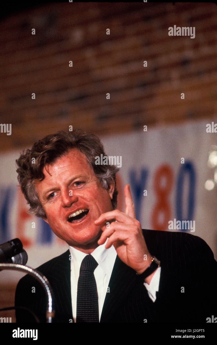 Senator Ted Kennedy running for president in the Democratic primary in Illinois in February 1980. Stock Photo