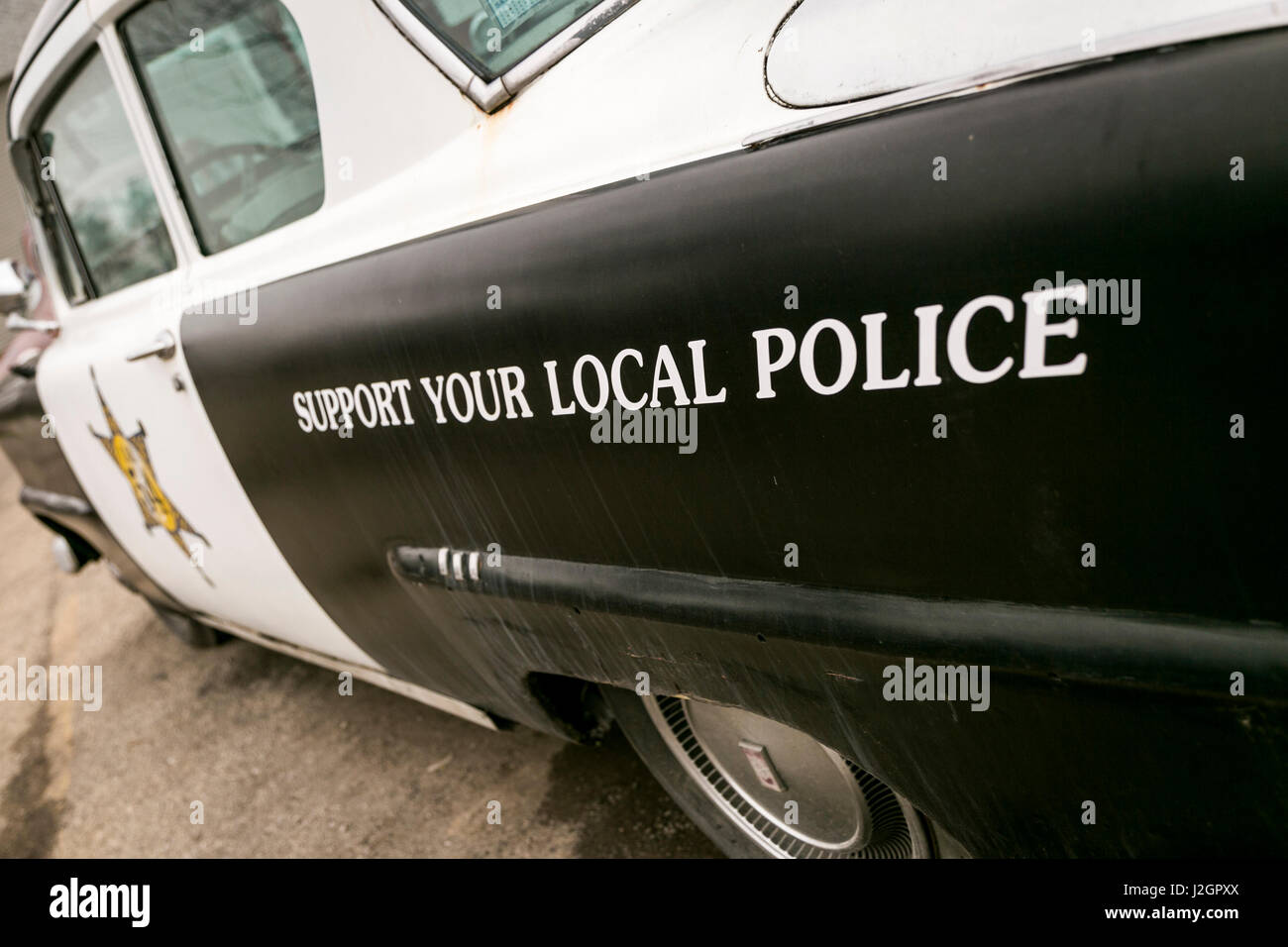 Joliet, Illinois, USA. Route 66, Old 1950's police car. Stock Photo