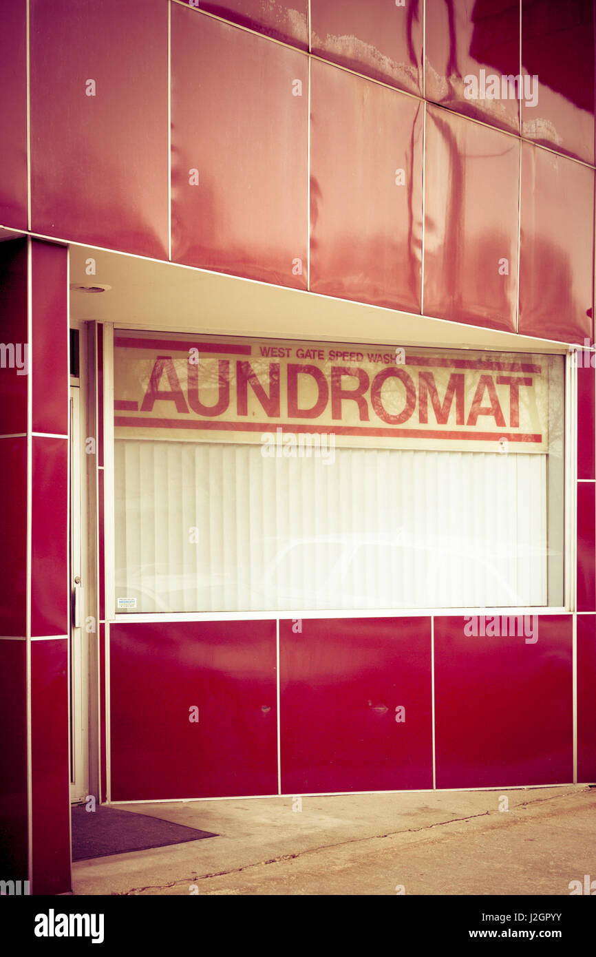 Retro red laundromat, Dwight, Illinois, USA. Route 66 Stock Photo
