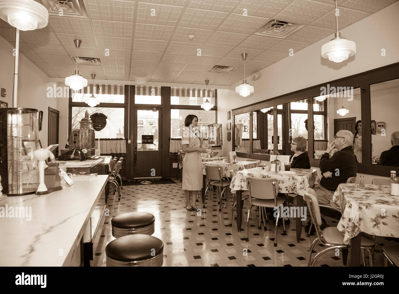 Interior of a retro diner, Atlanta, Illinois, USA. Route 66 Stock Photo