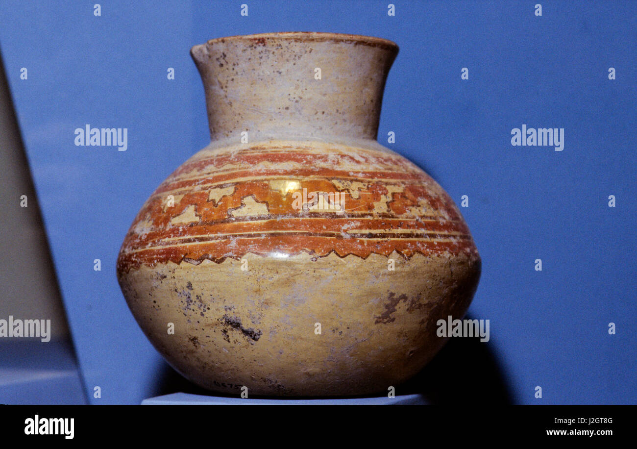 Ancient Aztec Pottery jar container with painted designs on display at the National Mexico museum in Zihuatanejo, Mexico Stock Photo