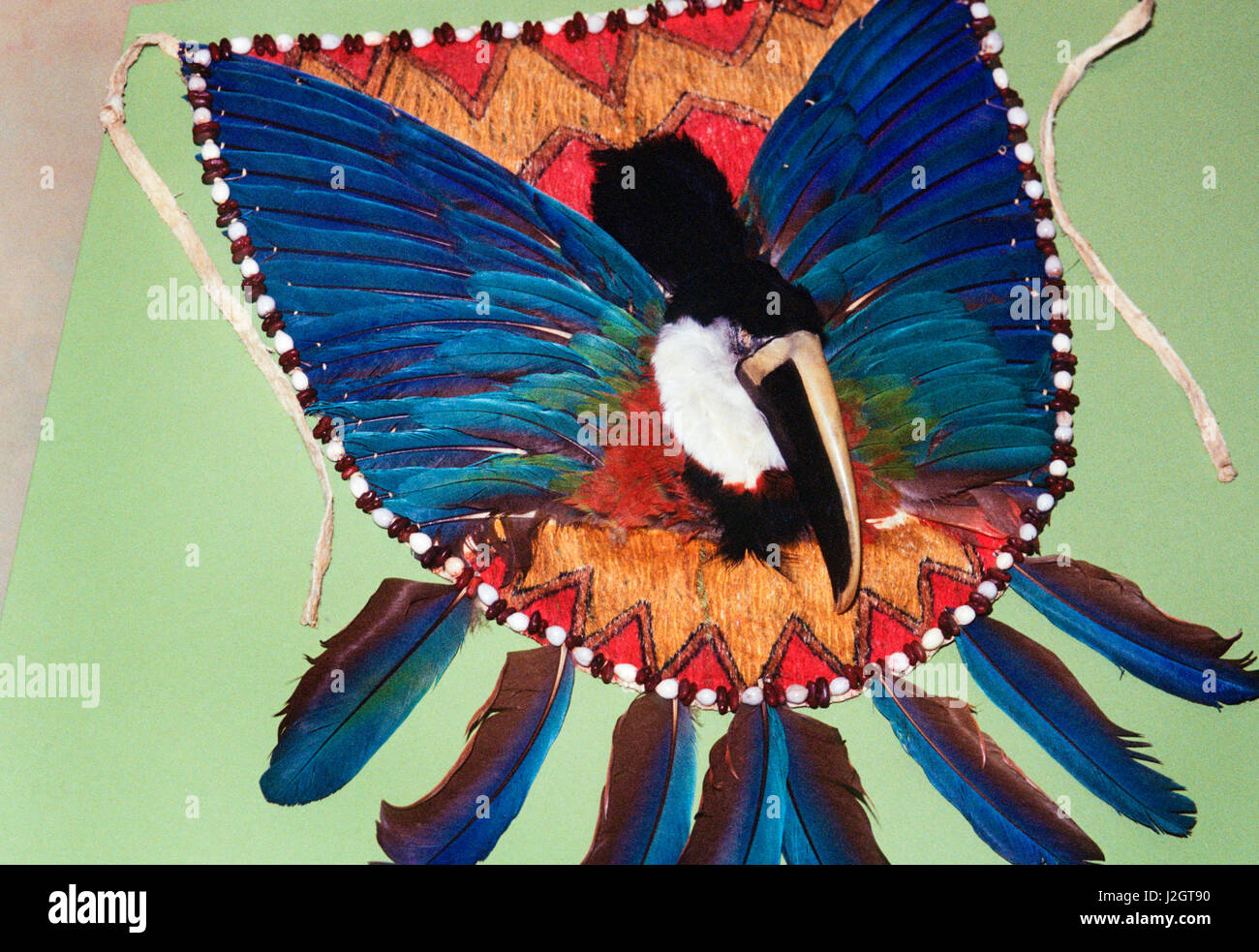 Colorful feather ceremonial dance apron with exotic bird head. Stock Photo