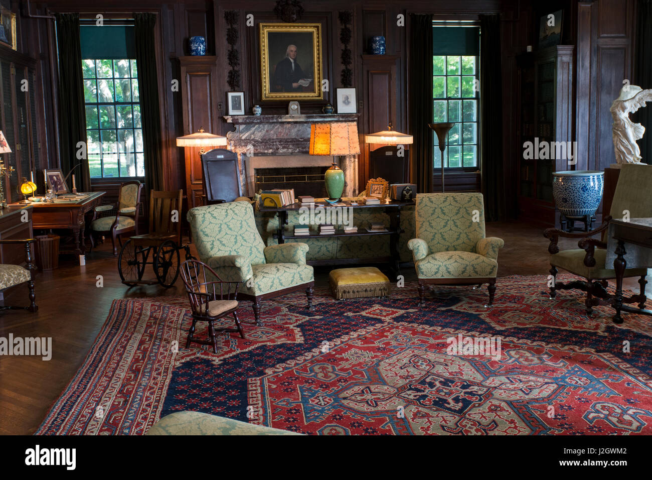 New York, Hyde Park. Home of FDR National Historic Site and National Park. Springwood, FDR's childhood home which he continued to visit throughout his life. Living room and library. Stock Photo