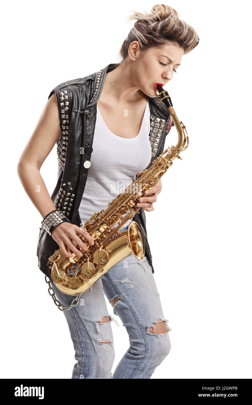 Punk girl playing a saxophone isolated on white background Stock Photo