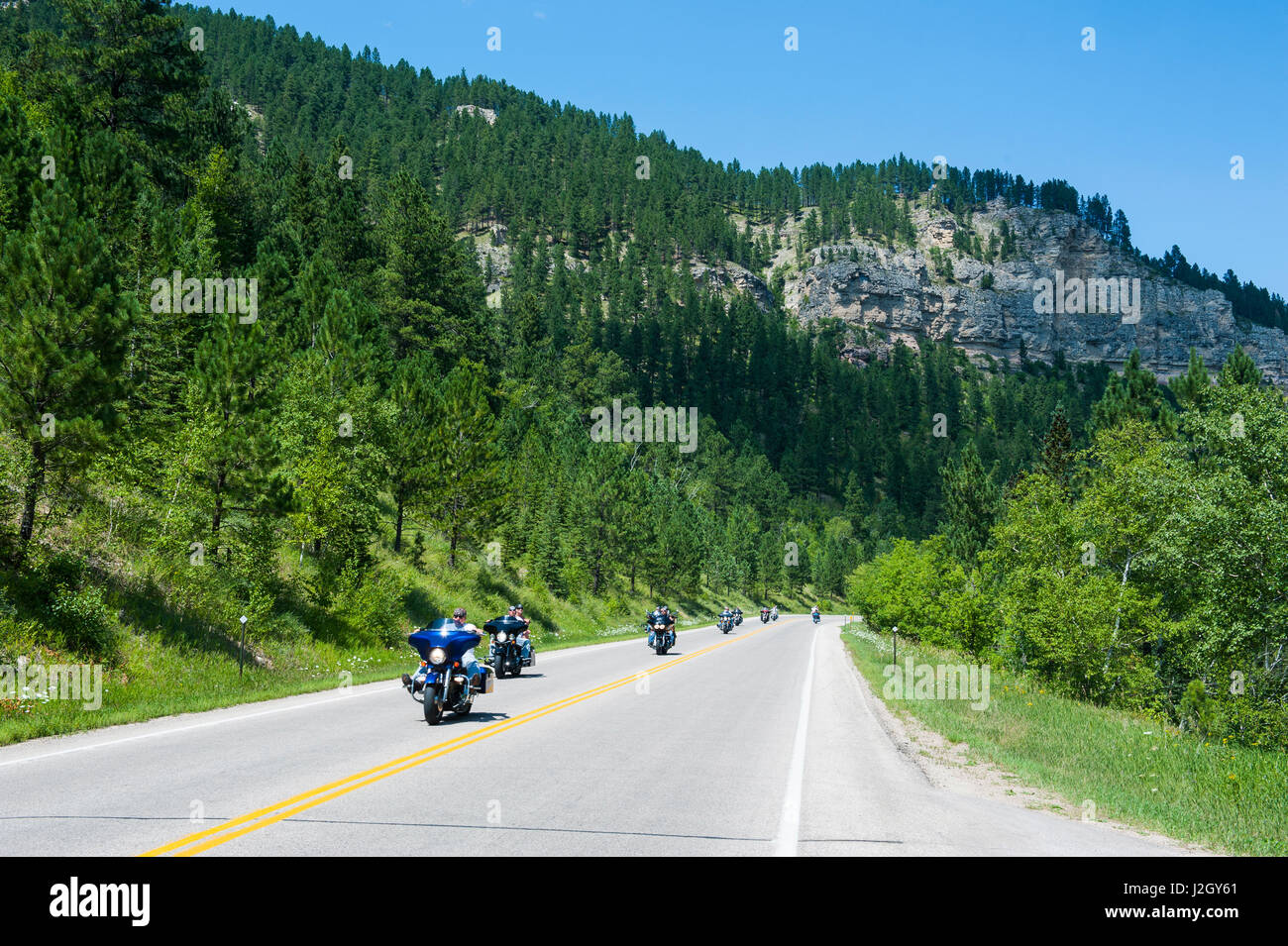 Motorcyclist from the Sturges Festival driving through the Black hills, South Dakota, USA Stock Photo
