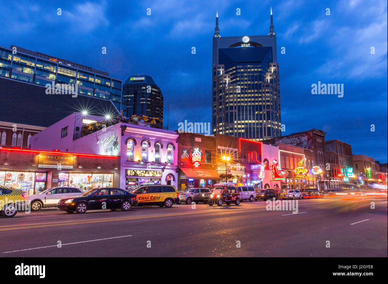 Broadway Street at dusk in downtown Nashville, Tennessee, USA Stock