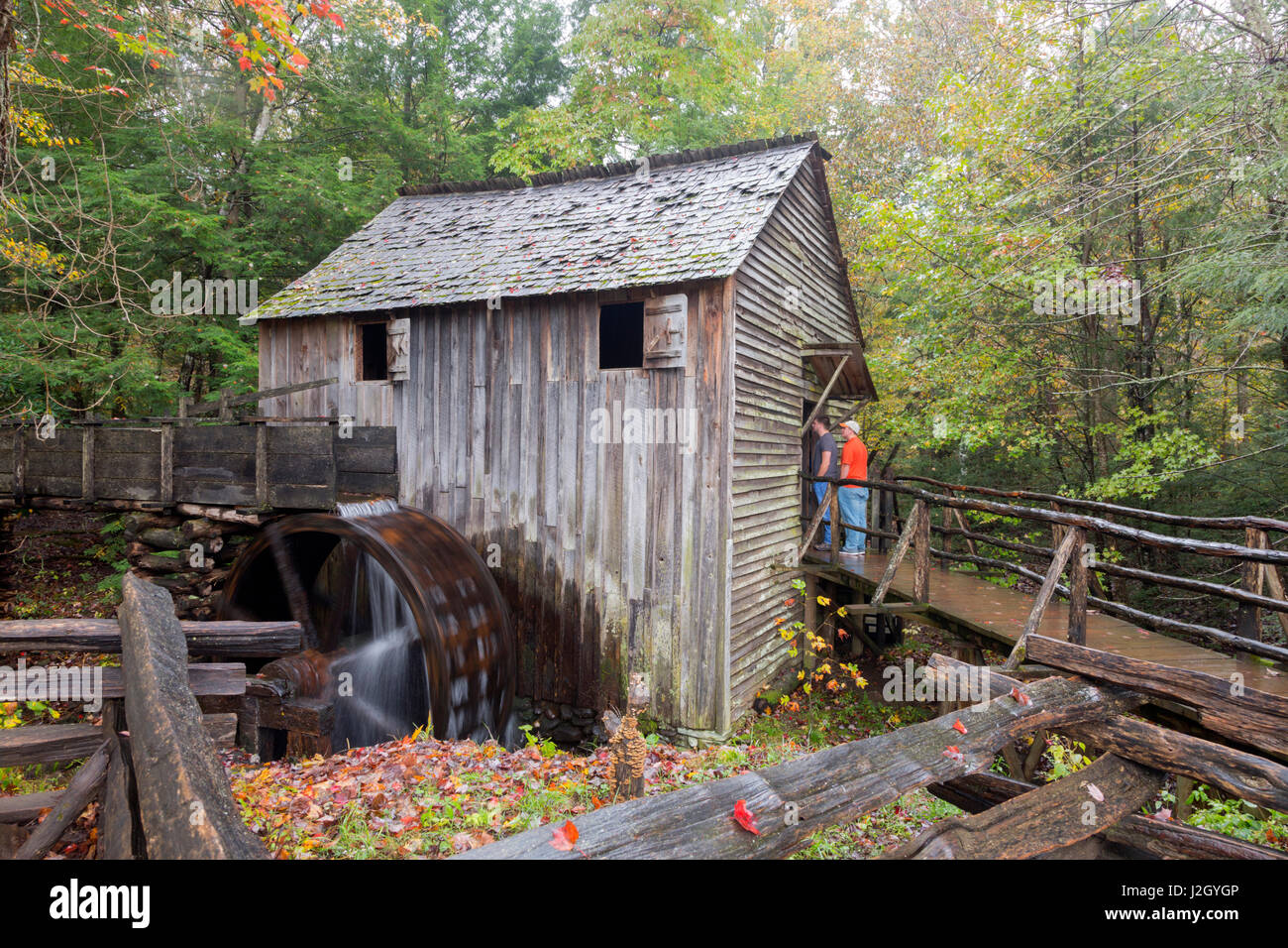Tennessee, Great Smoky Mountains National Park, Cades Cove, Cable Mill Historic Area, John P. Cable grist mill, water wheel powered mill, sits on original site, built circa 1870 Stock Photo